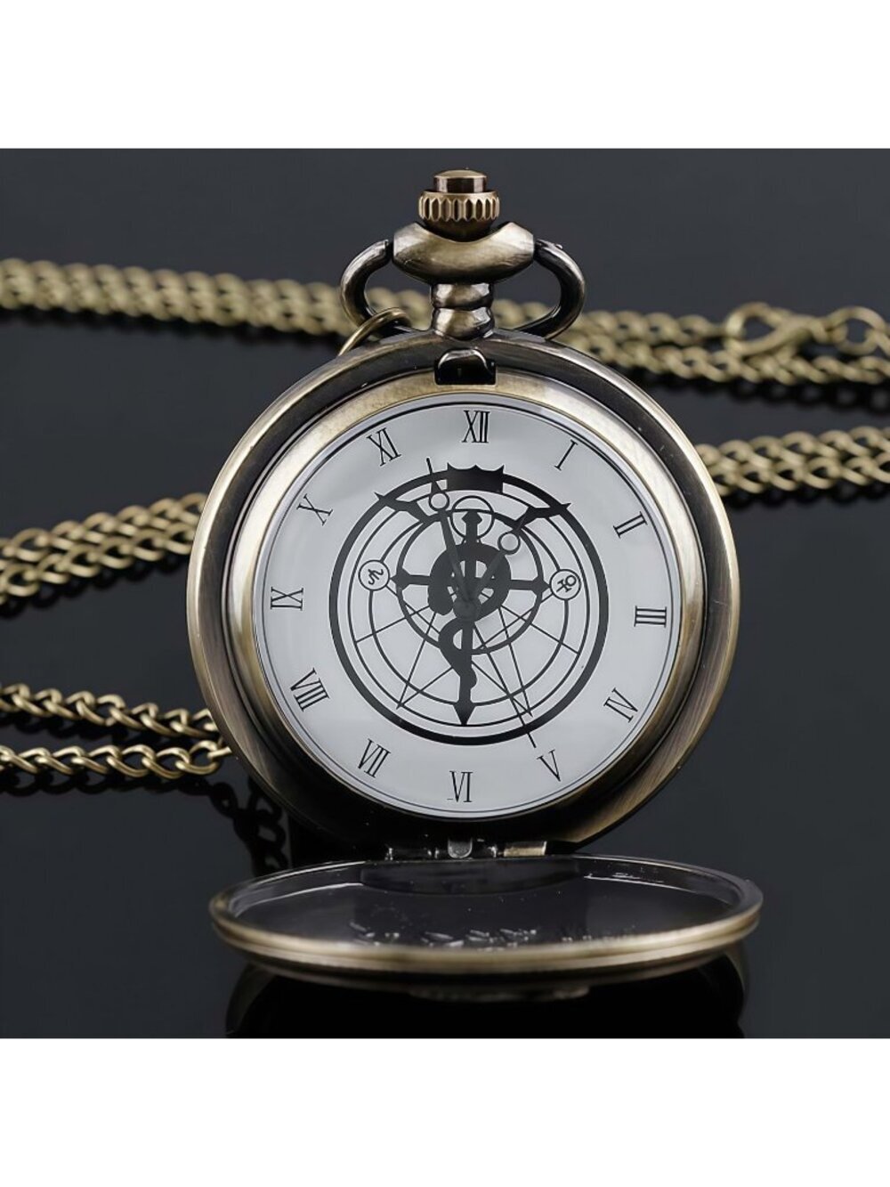 Men's Tan Quartz Engraved Fulmetal Alchenist Arabic Numerals Chain Pocket Watch - Picture 7 of 7